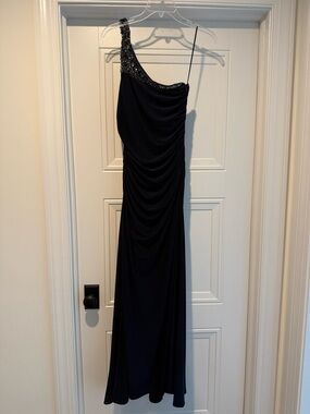 Pea in the Pod Maternity Navy One-Shoulder Navy Evening Dress w/ Beaded Shoulder